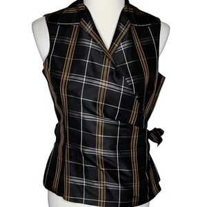 Barry Bricken Metallic Silver Gold Black Plaid Silk Sleeveless Wrap Blouse Small